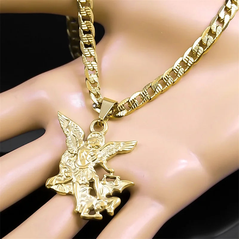 SAINT MICHAEL PROTECT US Arcanjo Colar com pingente de aço inoxidável para mulheres e homens, colar dourado, gargantilha, joias