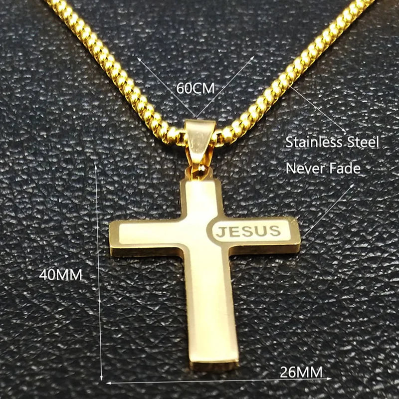 Hnsp aço inoxidável jesus cruz pingente corrente colar para homens mulheres jóias crucifixes católicos rosários acessórios