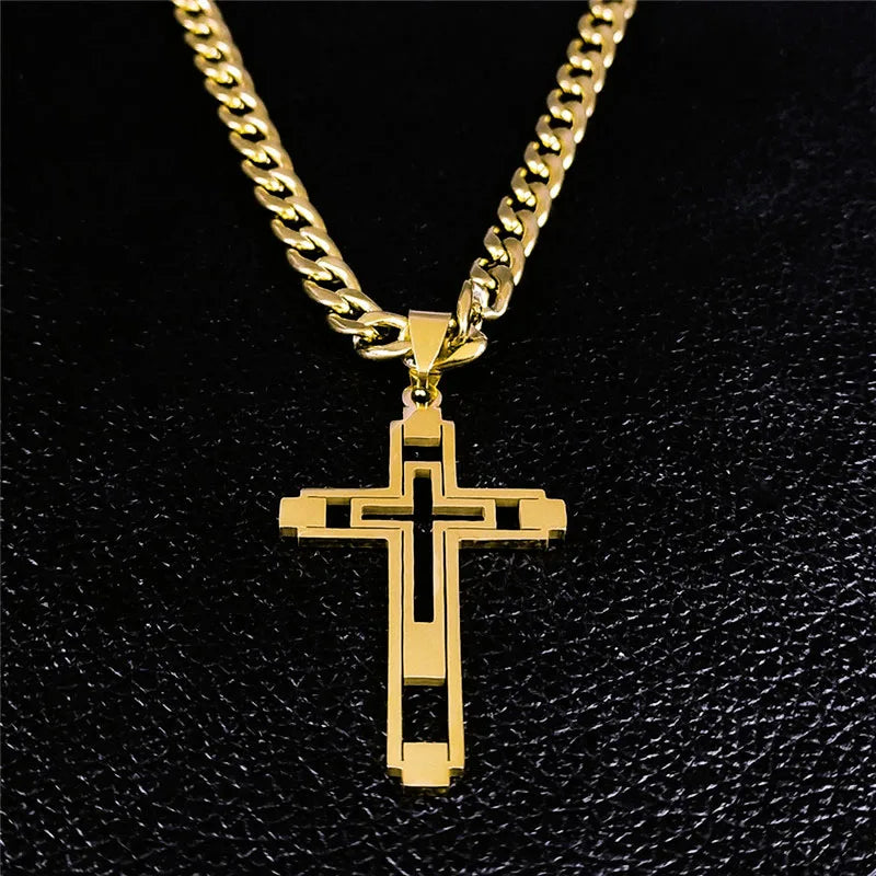 2024 hip hop cruz corrente de aço inoxidável colares cor ouro longo pingente colar para mulher/homem jóias collier homme n6055s05