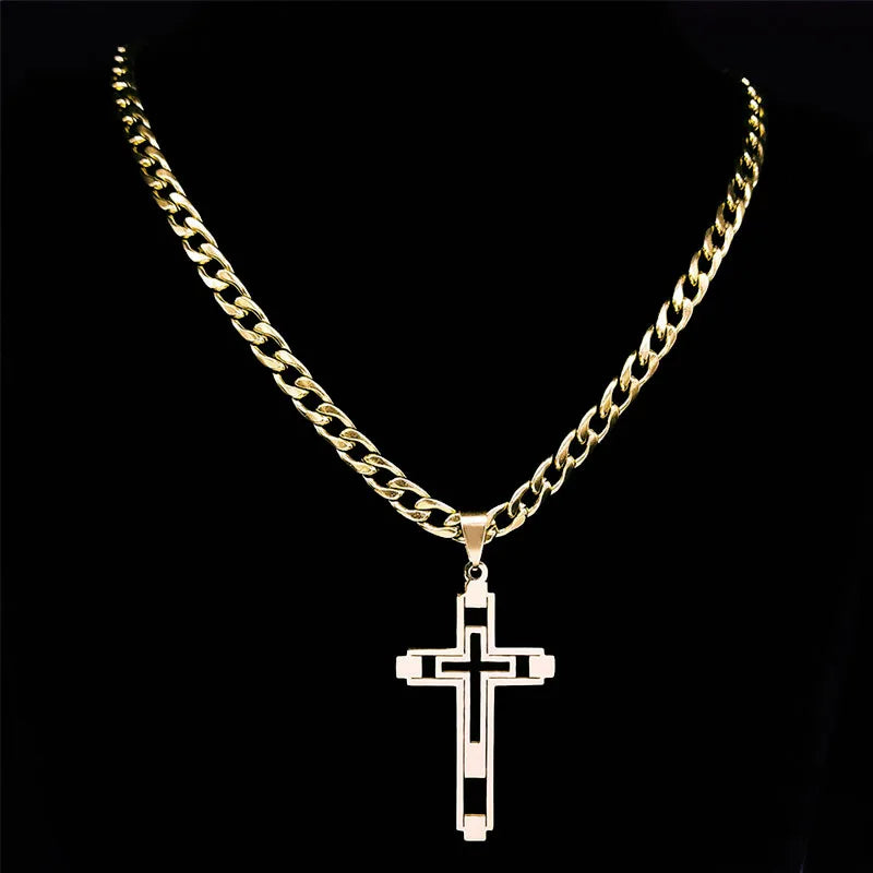 2024 hip hop cruz corrente de aço inoxidável colares cor ouro longo pingente colar para mulher/homem jóias collier homme n6055s05