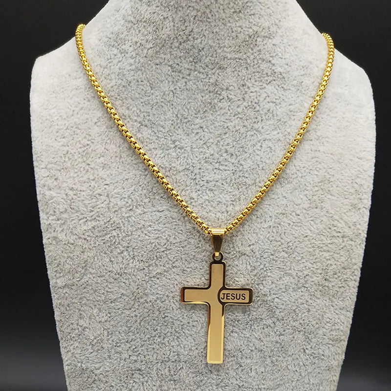 Hnsp aço inoxidável jesus cruz pingente corrente colar para homens mulheres jóias crucifixes católicos rosários acessórios