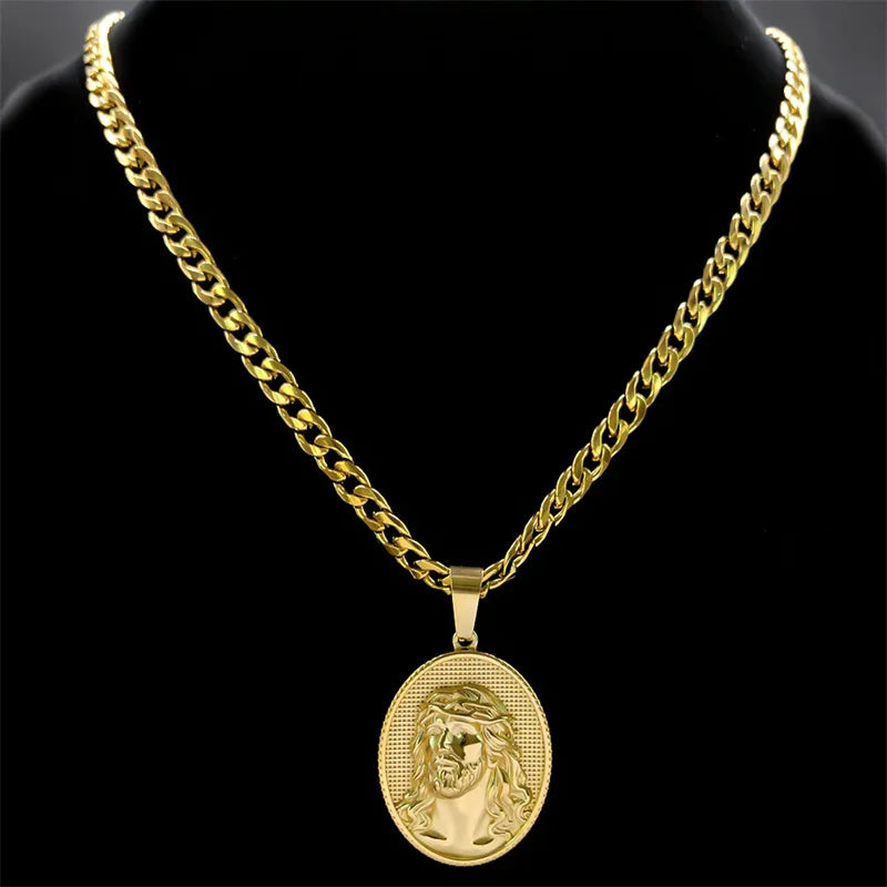 Coroa de espinhos jesus masculino colar hip hop aço inoxidável cristo cor ouro medalha pingente colares religiosos jóias nzz471s05