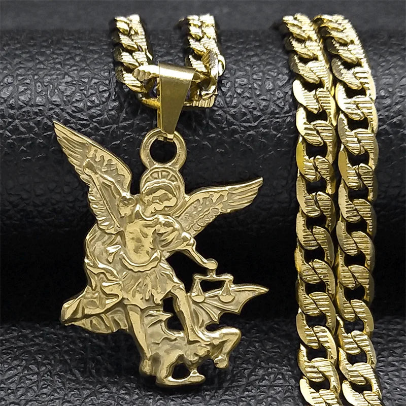 SAINT MICHAEL PROTECT US Arcanjo Colar com pingente de aço inoxidável para mulheres e homens, colar dourado, gargantilha, joias